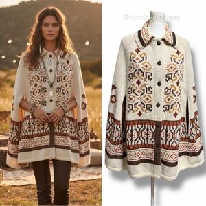 Vintage 70s Sturbridge Knit Poncho Cape Southwestern Aztec Boho Hippie Cream